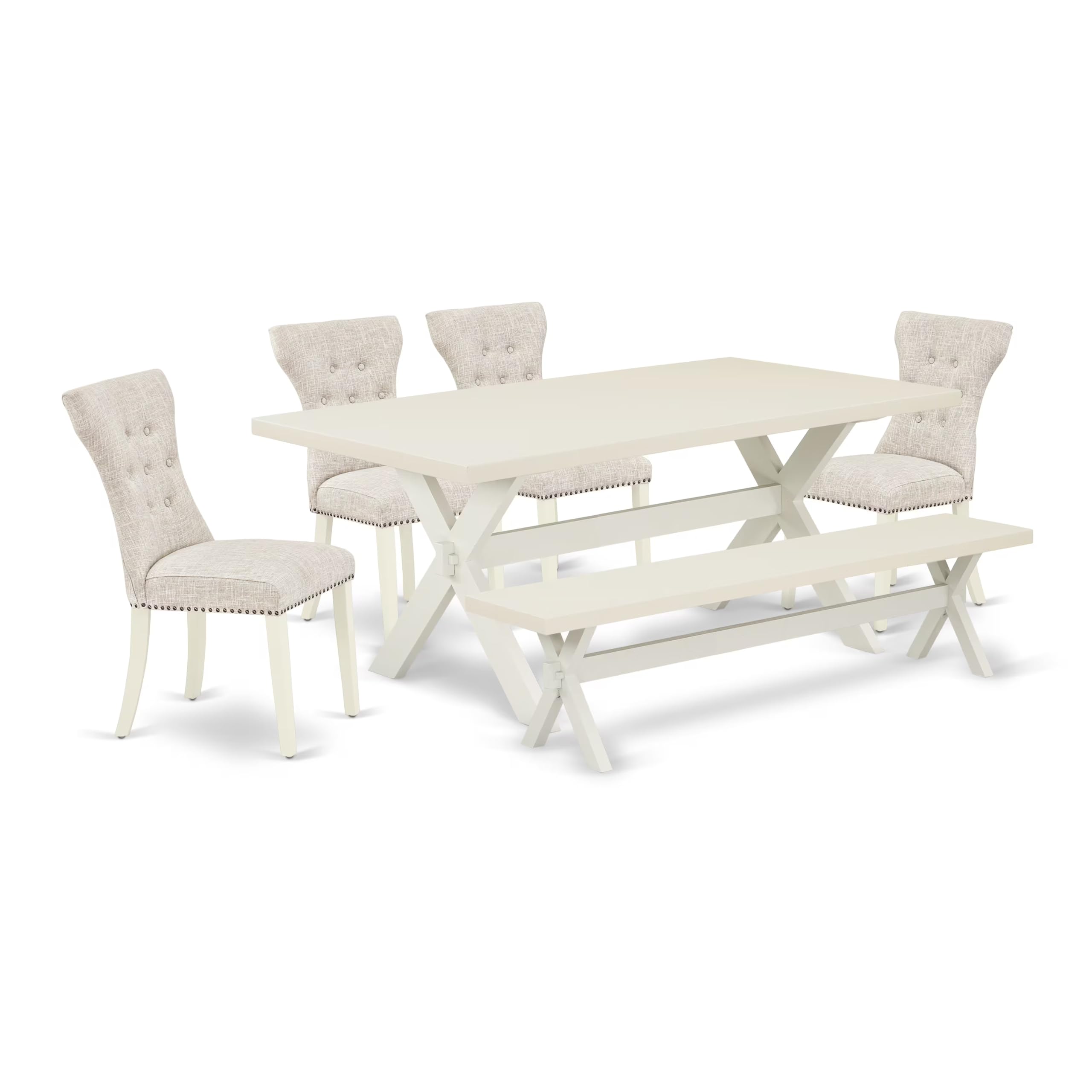 East West Furniture X027Ga235-6 6 Piece Dining Table Set Contains A Rectangle Dining Room Table With X-Legs And 4 Doeskin Linen Fabric Parson Chairs With A Bench, 40X72 Inch, Multi-Color